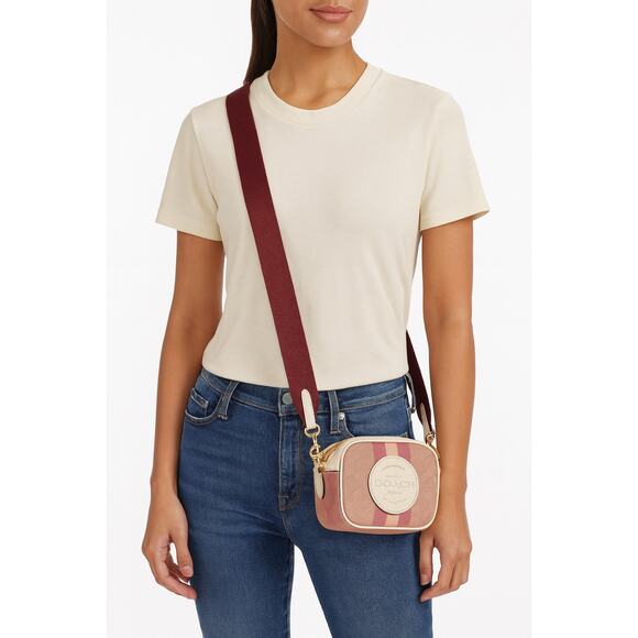 Coach Mini Dempsey Camera Bag – Signature Jacquard, Pink Stripe, Crossbody Purse - Picture 1 of 15